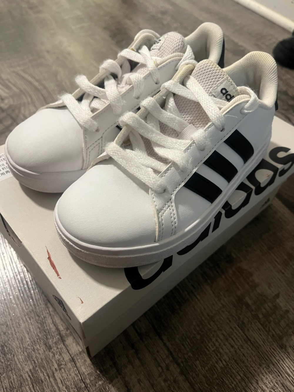 Adidas Grand Court 2.0 Kids White Sneakers with Black Three Stripes 12 1/2